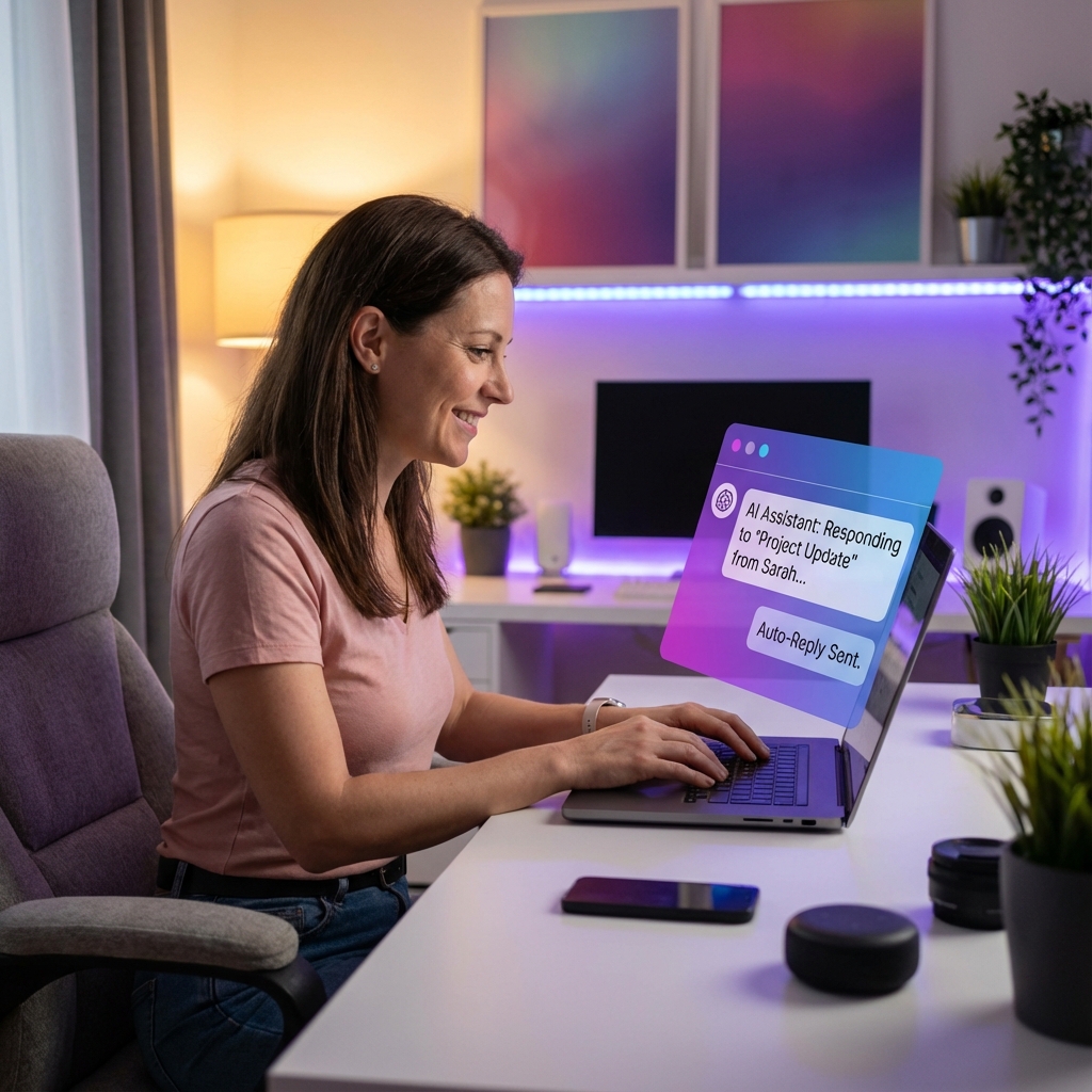 A happy freelancer working on a laptop while an AI assistant handles their incoming messages