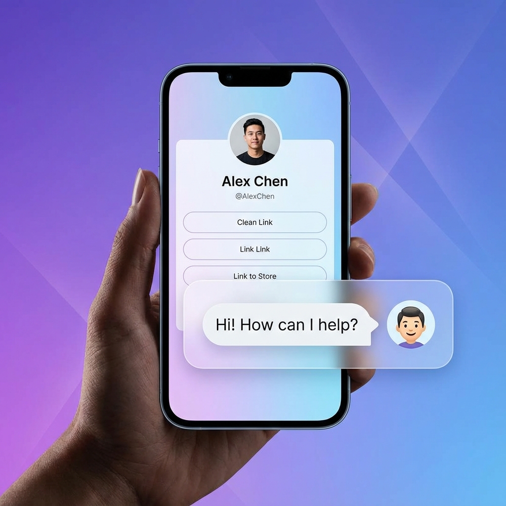 A digital smartphone displaying a link-in-bio page with an integrated AI chatbot window