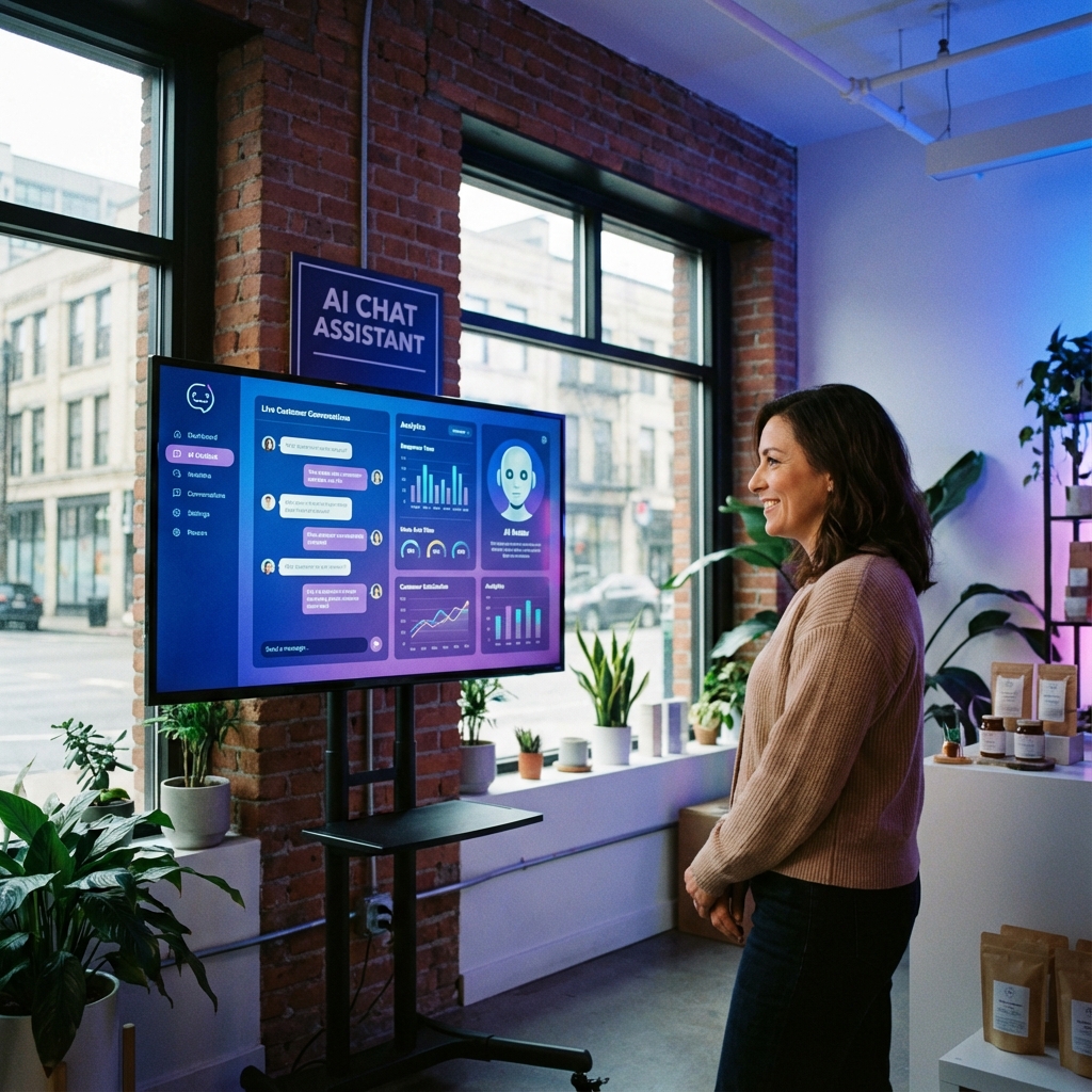 A vibrant workplace where a small business team is integrating AI tools into their workflow