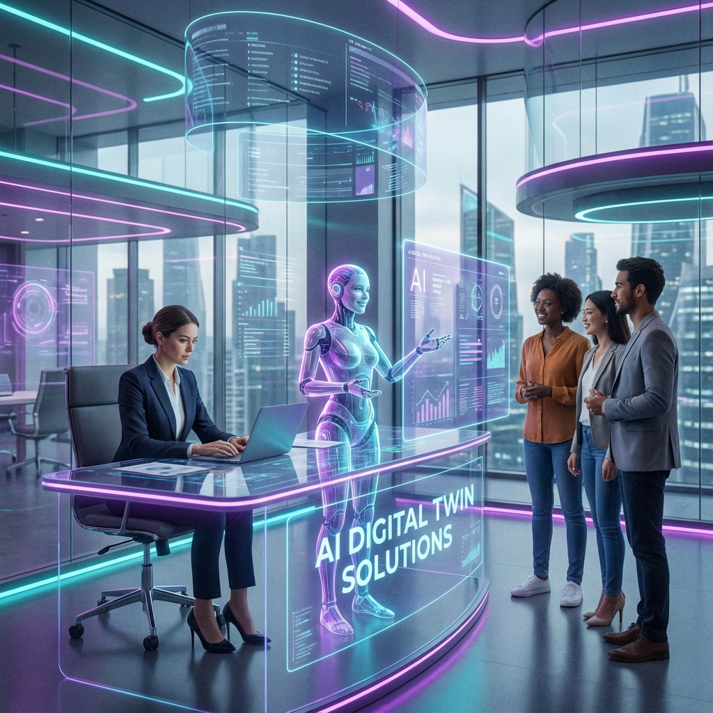 A visionary depiction of a human creator standing alongside their glowing digital AI twin