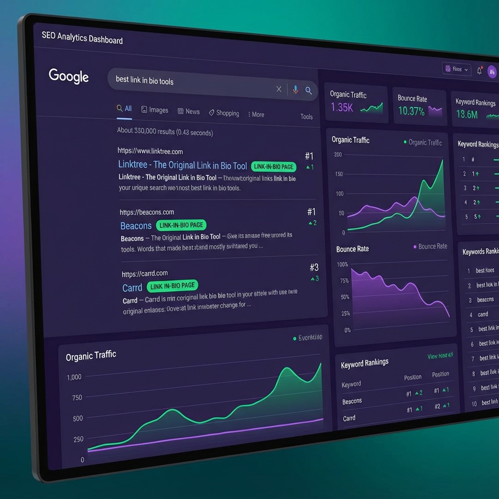 A magnifying glass analyzing the SEO health of a social media bio link