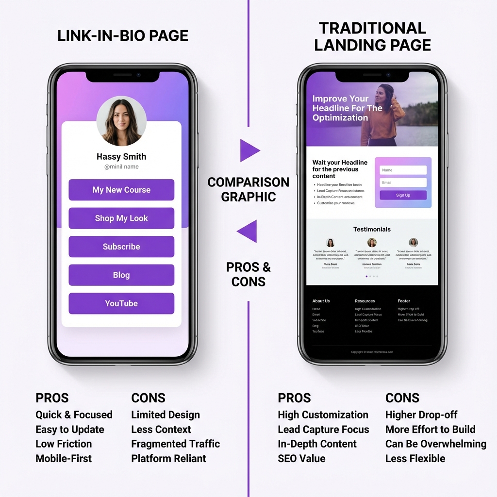 A side-by-side comparison of a focused landing page and a versatile link-in-bio profile