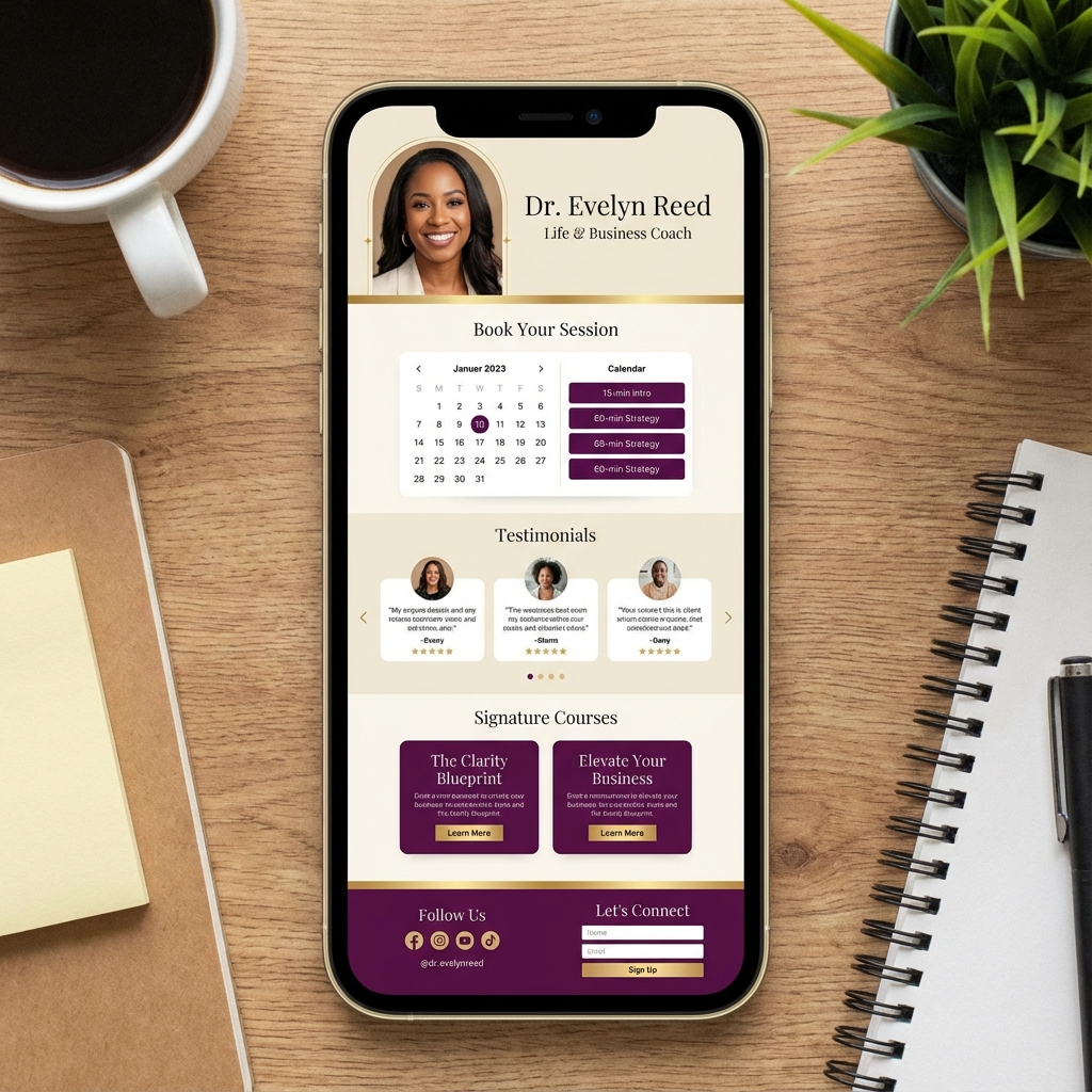 A coachs mobile bio link displaying a smart booking interface and AI assistant