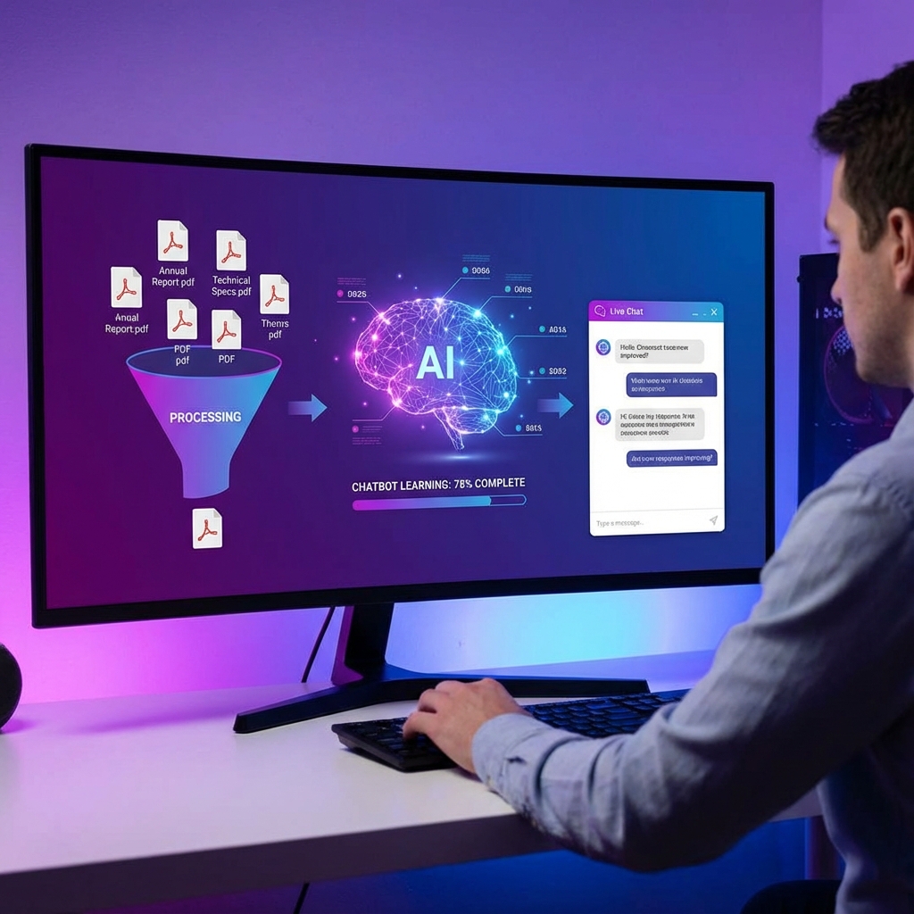 A visual representation of documents being transformed into a digital AI brain